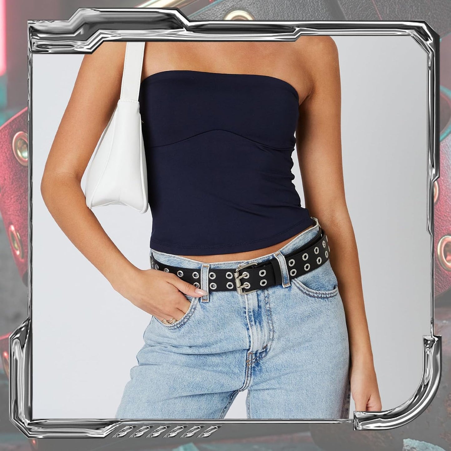 HOTXZQTIVE Double Grommet PU Leather Belt for Women Men Punk metal Jean Belt Wide 1.5 Inch