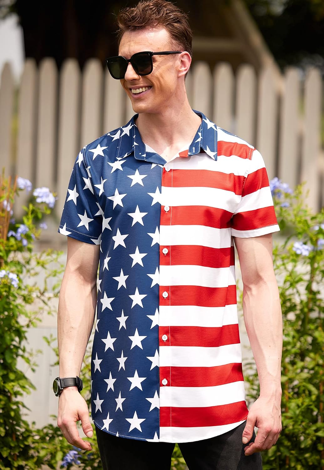 HOTArvilhill Men American Flag Button Shirt 4th of July Short Sleeve Shirts (S-3XL)
