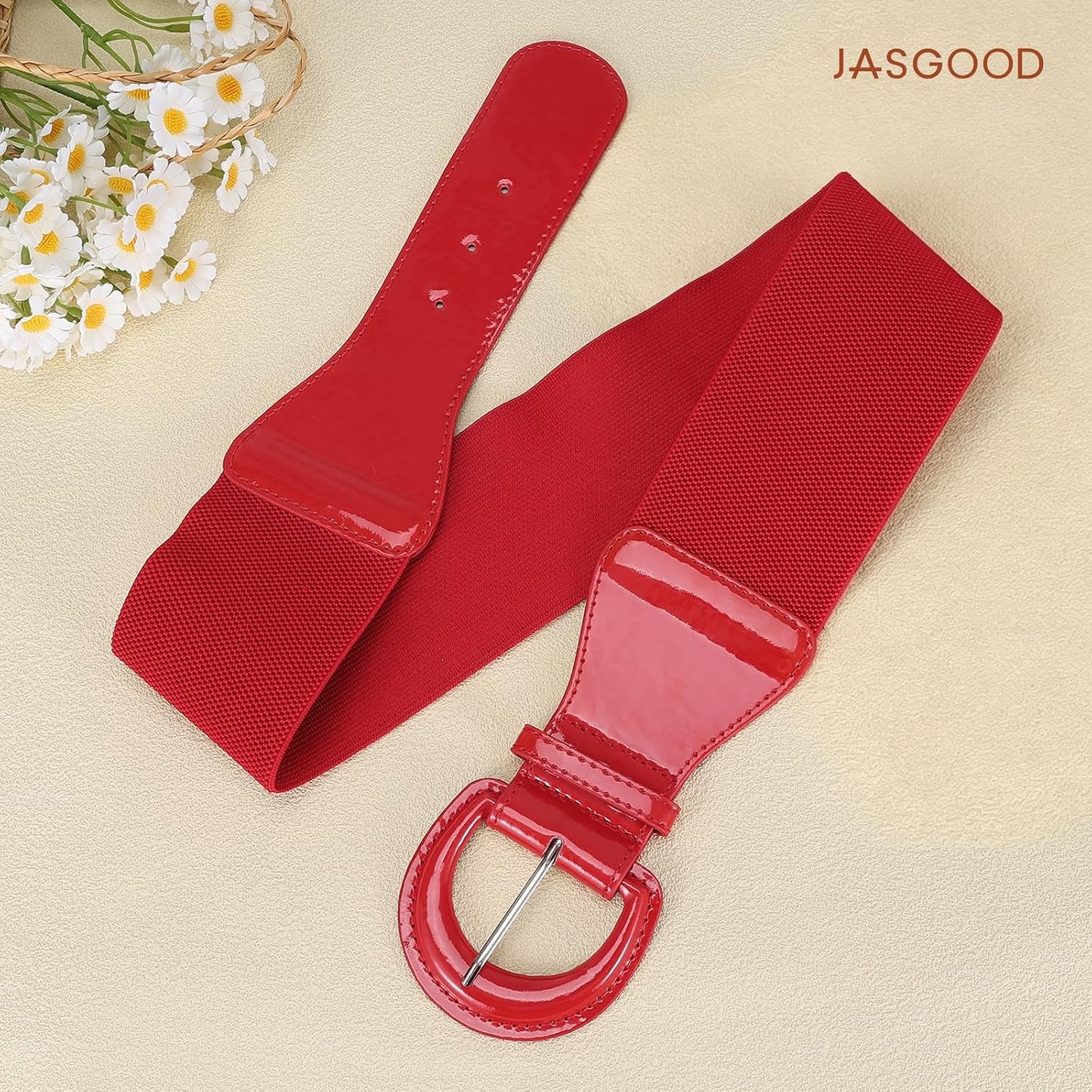 HOTJASGOOD Women Wide Stretch Belt,Vintage Chunky Buckle Elastic Waist Belts Patent Leather Belt 50s Belt for Dress