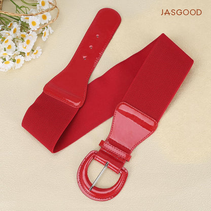 HOTJASGOOD Women Wide Stretch Belt,Vintage Chunky Buckle Elastic Waist Belts Patent Leather Belt 50s Belt for Dress
