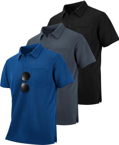 HOTZITY Men's 3 Pack Polo Shirts Short Sleeve with Pocket Moisture Wicking Casual Work Golf Lightweight Collared T-Shirts