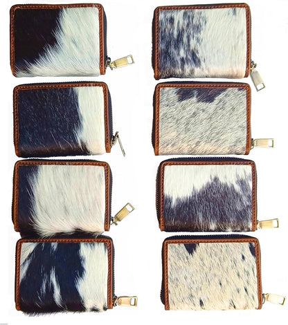 HOTESS RFID Cowhide Leather Wallet Women Small Zip Accordion Card Holder | Hair-On Leather Compact Organizer with Coin Pocket Secure Zipper (11 x 7.5 cm) Stylish Gift Pouch Minimal Everyday Carry