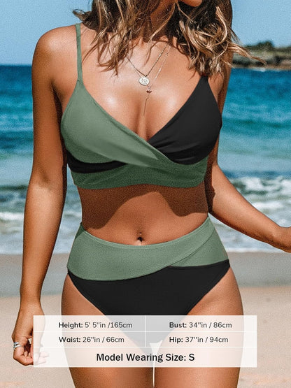 HOTCUPSHE Women's Bikini Sets High Waisted V Neck Twist Two Piece Swimsuit | Adjustable Spaghetti Straps,Soft Removable Cups,Modest Bathing Suit For Vacation And Beach,Pool Side