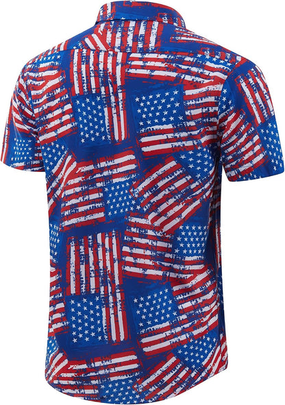 HOTENVMENST Men's American Flag Button Down Shirts Casual Short Sleeve Patriotic Hawaiian Shirt