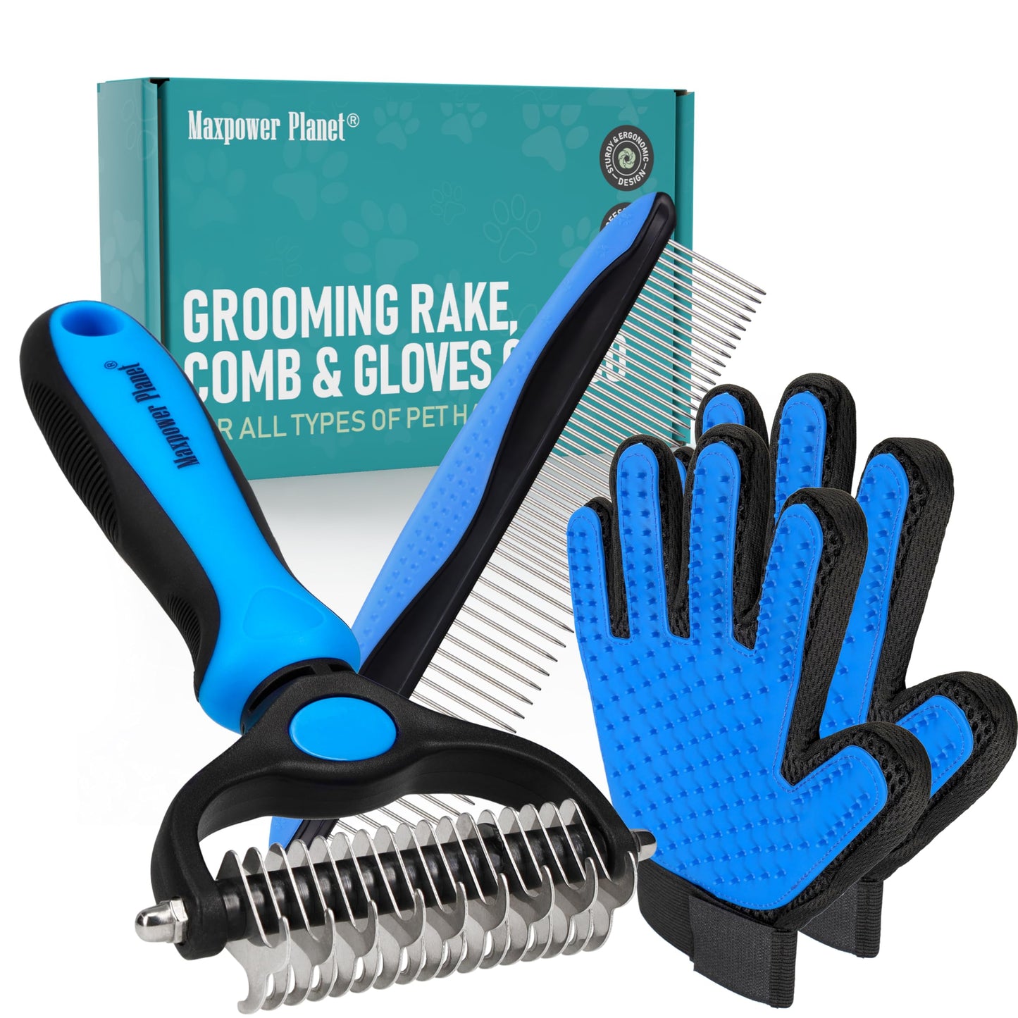 HOTMaxpower Planet Original Pet Grooming Rake - Double-Sided Deshedding Dematting Tool, Undercoat Rake for Dogs & Cats, Extra-Wide Dog Grooming Brush & Deshedder Comb for Long Hair, Reduces Shedding 95%