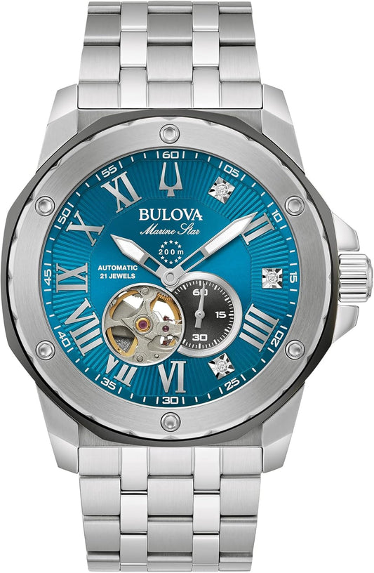 HOTBulova Marc Anthony Men's Automatic Marine Star Stainless Steel Watch,Open Aperture,Exhibition Case Back,Diamond Accent Blue Sunray Dial, (Model:98D184)