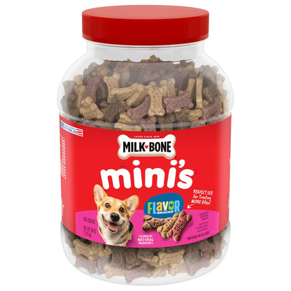 HOTMilk-Bone Flavor Snacks Mini’s Dog Biscuits, Flavored Crunchy Dog Treats, 36 Oz. Canister | 5 calories per treat, 15% protein, 3 flavors per canister (beef, chicken & bacon, naturally & artificially flavored)