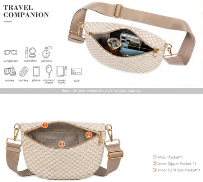 HOTWoven Crossbody Bag for Women, Checkered PU Bum Bag Sling Purse with Adjustable Strap for Travel, Festivals