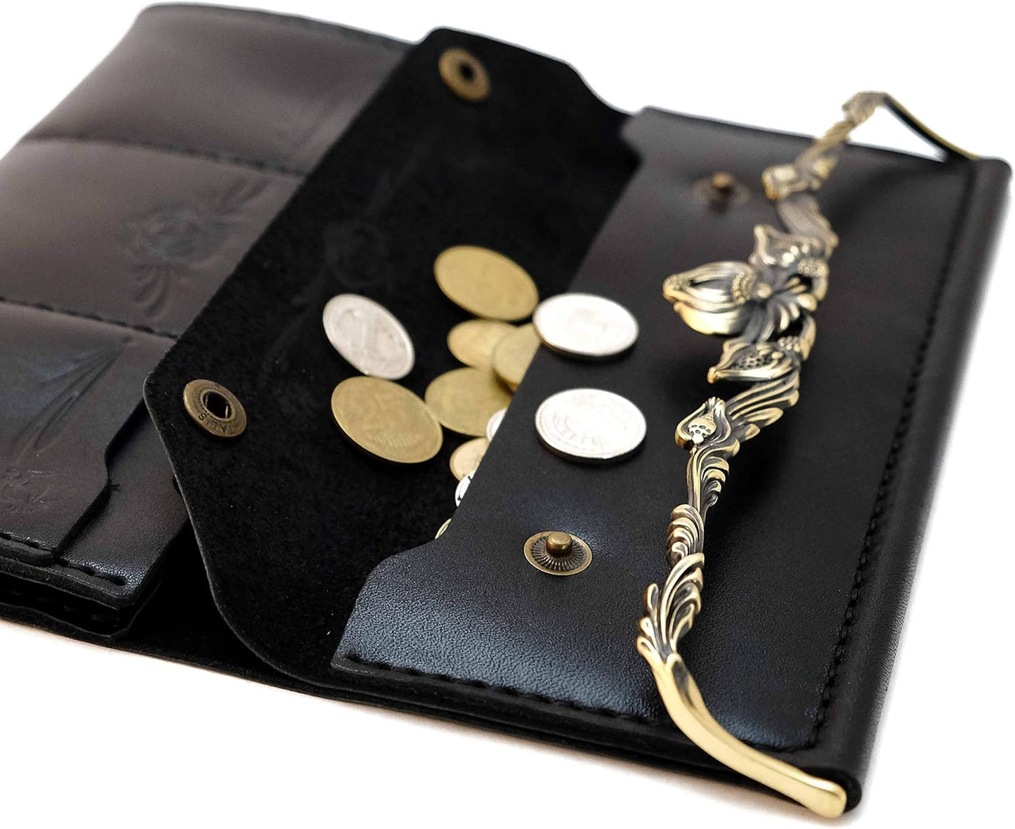 HOTElegant womens leather wallet with brass flower decorative clasp, bifold ladies clutch