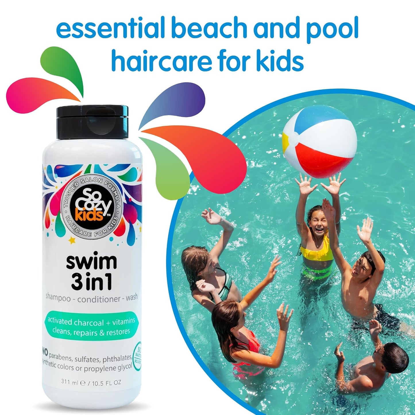 HOTSoCozy Kids Swim 3-in-1 Shampoo, Conditioner & Body Wash - 3-in-1 Combo Pool Shampoo & Conditioner for Swimmers - Salt & Chlorine Removing Activated Charcoal