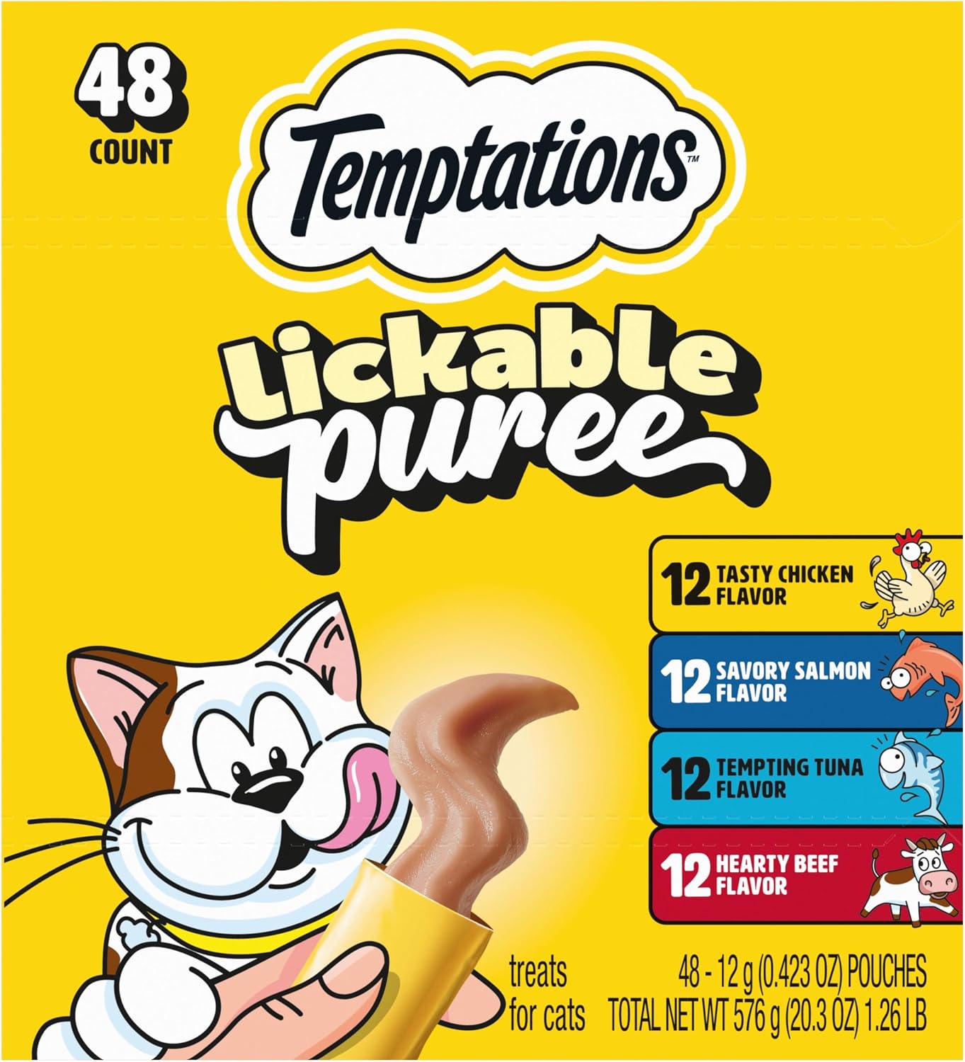 HOTTemptations Creamy Puree Cat Treats, Beef, Chicken, Salmon & Tuna, 48 Count | Beef, Salmon, Chicken & Tuna, under 15 cal/tube, no added sugar or fillers, senior-friendly, meal topper or hand-feed