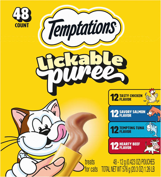 HOTTemptations Creamy Puree Cat Treats, Beef, Chicken, Salmon & Tuna, 48 Count | Beef, Salmon, Chicken & Tuna, under 15 cal/tube, no added sugar or fillers, senior-friendly, meal topper or hand-feed