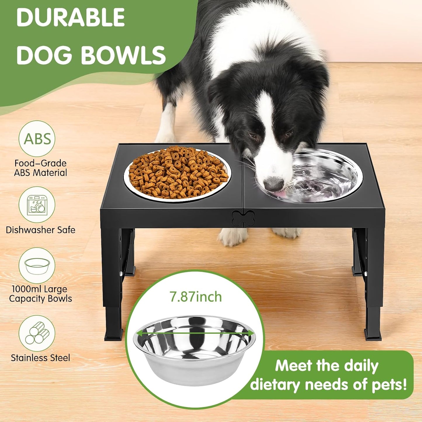 HOTXIAZ Elevated Dog Bowls Large Breed Raised Dogs Bowl Stand Large/Medium Sized Dog Stainless Steel Food Water Bowl Stands 5 Heights Adjustable 9/11/12/14in Black Pet Feeder Dish Station