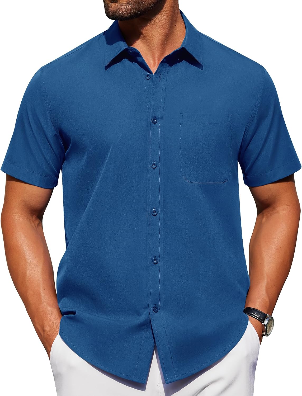 HOTAlimens & Gentle Men's Short Sleeve Dress Shirts Wrinkle Free Untucked Casual Button Down Shirt