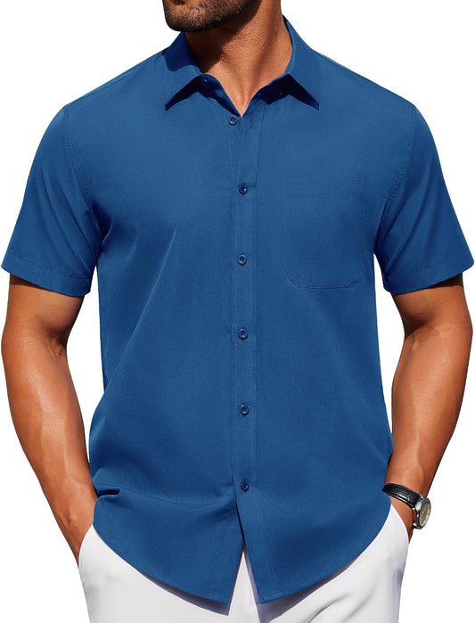 HOTAlimens & Gentle Men's Short Sleeve Dress Shirts Wrinkle Free Untucked Casual Button Down Shirt