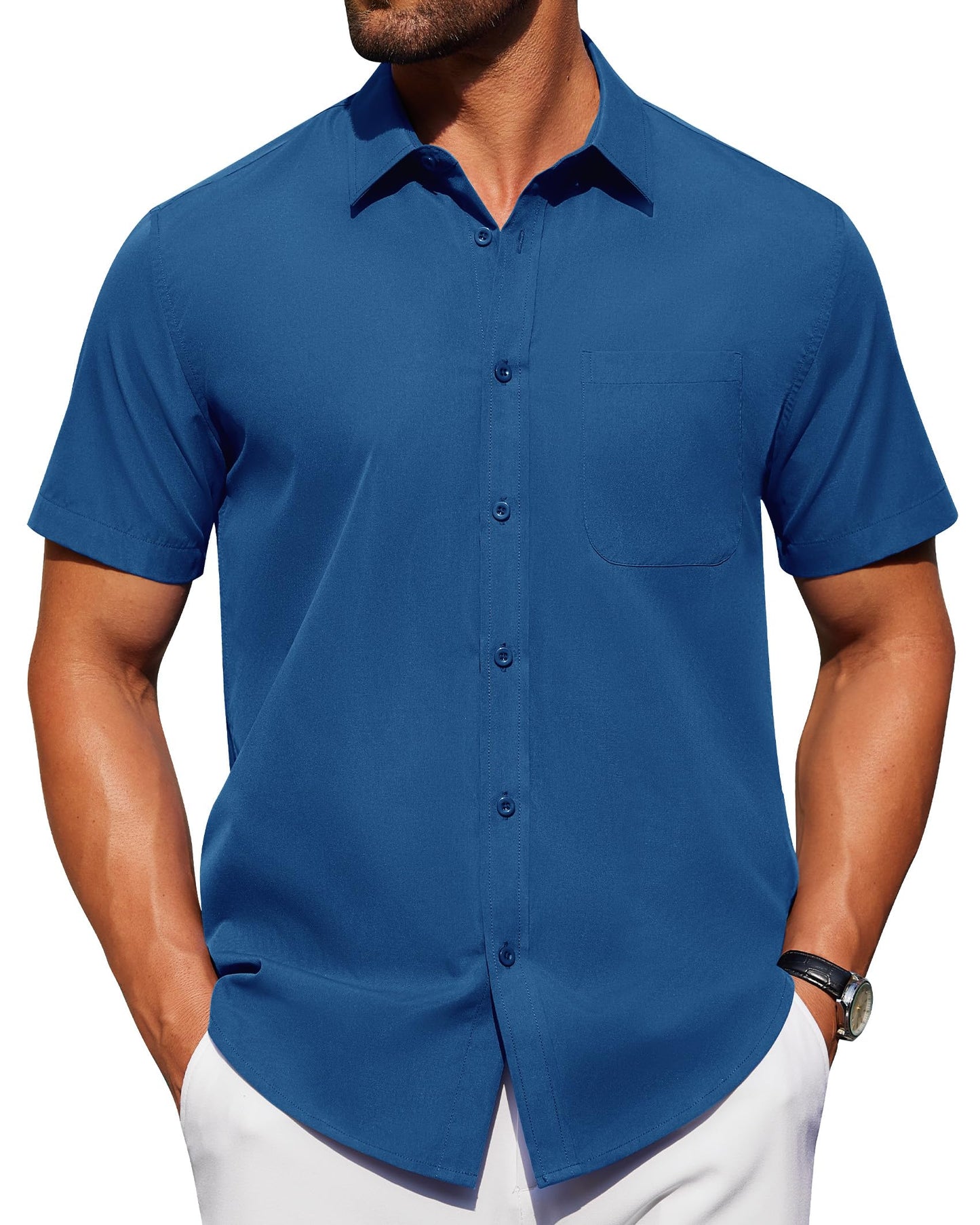 HOTAlimens & Gentle Men's Short Sleeve Dress Shirts Wrinkle Free Untucked Casual Button Down Shirt