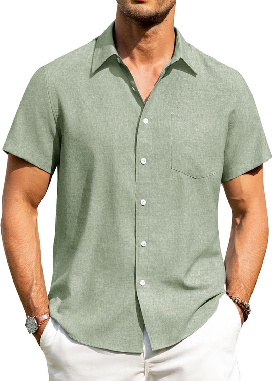 HOTAlimens & Gentle Mens Linen Shirts Short Sleeve Button Down Shirts Wrinkle Free Casual Vacation Beach Summer Tops