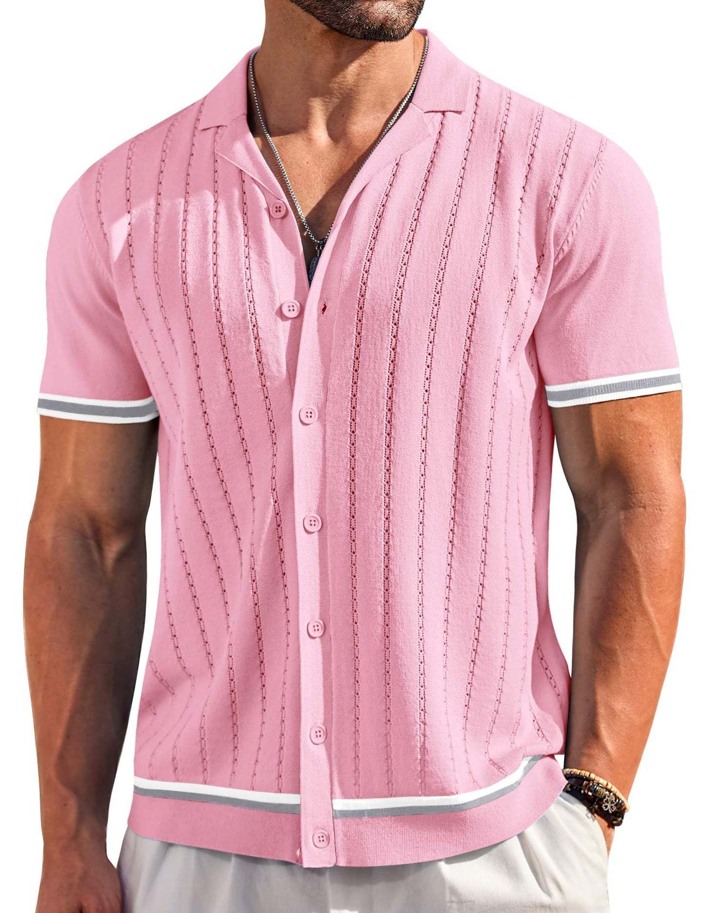 HOTCOOFANDY Men's Short Sleeve Knit Shirt Casual Button Down Shirt Vintage Striped Knitted Golf Beach Tops