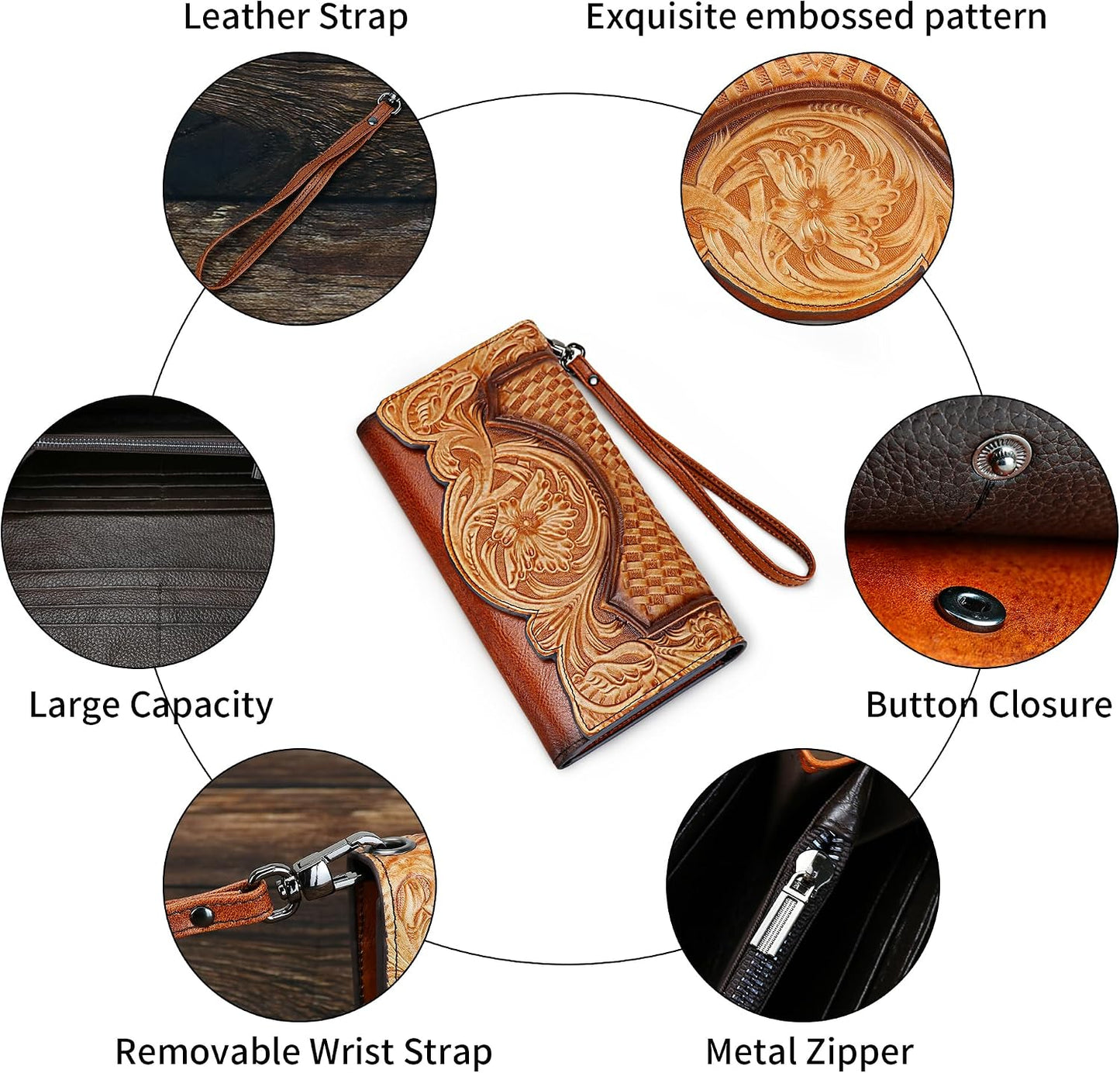 HOTWomen's Wallet Genuine Leather Snap Wallets Vintage Purse Organizer Clutch Bag with Wristlet