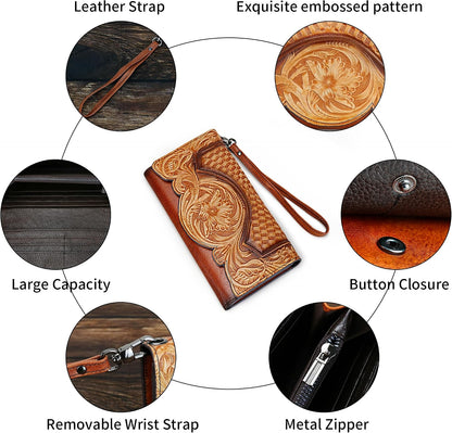 HOTWomen's Wallet Genuine Leather Snap Wallets Vintage Purse Organizer Clutch Bag with Wristlet