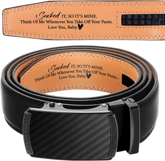 HOTMens Belt Personalized Engraved I Sucked It So Its Mine Belt Leather Slide Ratchet for Husband Wedding Dress Casual