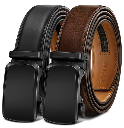 HOTKEMISANT Ratchet Belt For Men 2 Pack,Slide Leather Belt Adjustable For Gift Men Dress Casual Pants Jeans-Cut For Fit