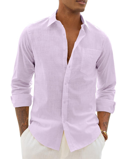 HOTAlimens & Gentle Mens Cotton Linen Textured Shirt Long Sleeve Button Down Shirts Casual Summer Beach Wedding Tops with Pocket