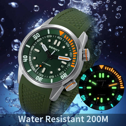 HOTBERNY Men's Dive Watch, Fashion Mechanical Automatic Watches for Men, 20AMT Waterproof Male Wrist Watch, Super Luminous Sapphire Glass Comfortable Silicone Watch Band Luxury Birthday Presents