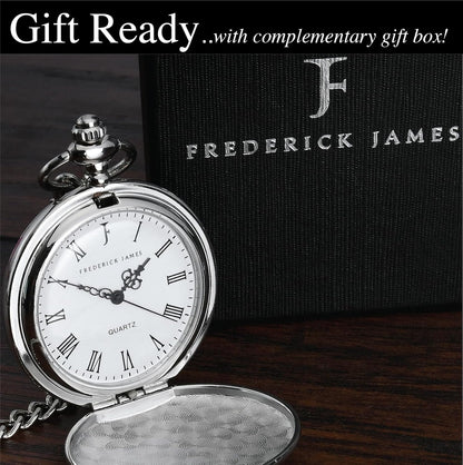 HOTFJ FREDERICK JAMES Wedding Pocket Watches for Groomsman, Best Man, Groom, Father of The Bride & Groom I Silver Engraved I Complete Their Wedding Attire