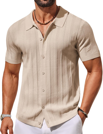 HOTCOOFANDY Men's Knit Button Down Shirts Short Sleeve Polo Shirt Casual Vacation Summer Beach Shirts