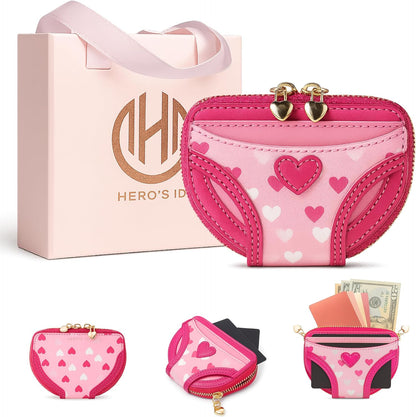 HOTHero's ID Pink Underwear-Shaped Wallet for Women — Cute Heart Mini Zipper Wallet, Faux Leather Coin Purse, Small Card Holder & Compact Purse for Cash, Unique Gift for Girls & Women