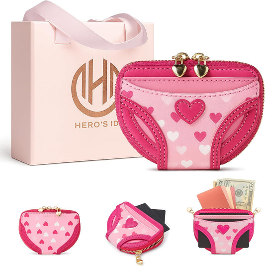 HOTHero's ID Pink Underwear-Shaped Wallet for Women — Cute Heart Mini Zipper Wallet, Faux Leather Coin Purse, Small Card Holder & Compact Purse for Cash, Unique Gift for Girls & Women