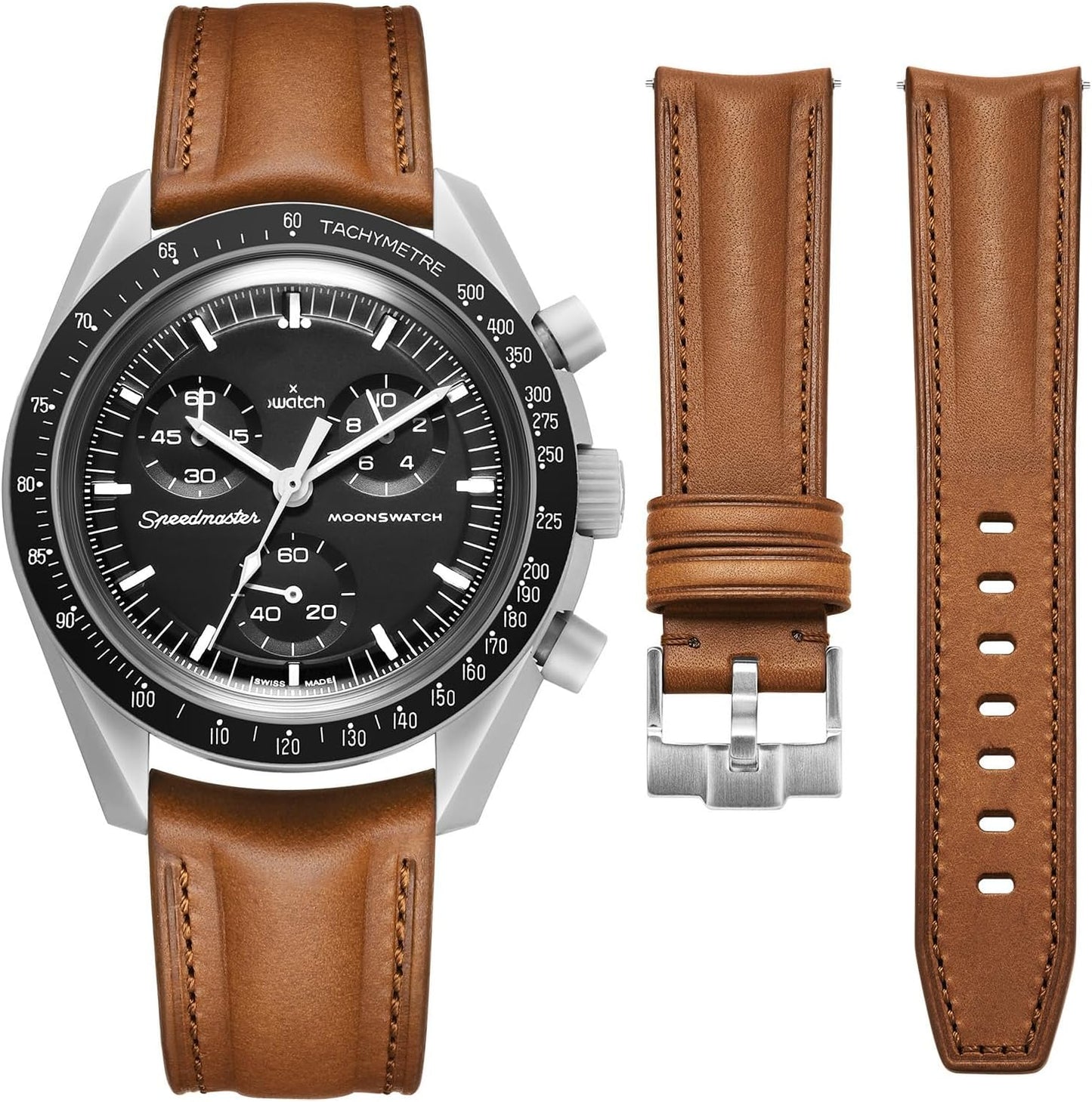 HOTGetalia Italian Full grain vegetable tanned leather watch Bands Curved Strap,Compatible with Omega X Swatch Moonswatch Speedmaster 20mm Watch Replacement Band Men Women