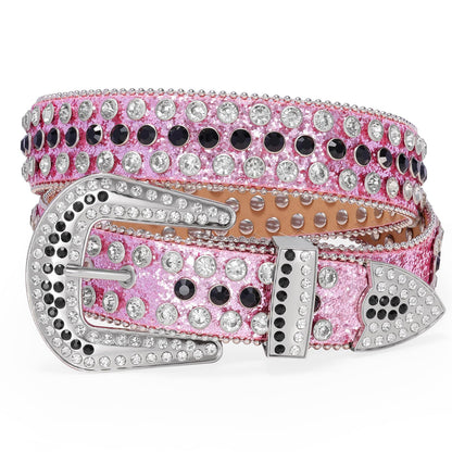 HOTWERFORU Women Men Western Rhinestone Studded Leather Belt Unisex Bling Cowgirl Cowboy Waist Belt for Jeans Pants Dress