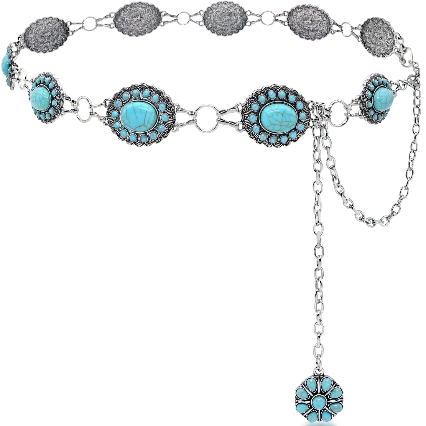 HOTTurquoise Chain Belt for Women, Western Cowgirl Concho Belt | Turquoise Concho Accents with Silver Chains for Western, Cowgirl, Rodeo, Festival and Denim Looks