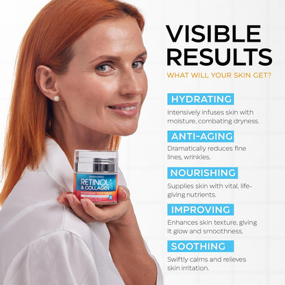 HOTRetinol Cream for Face with Hyaluronic Acid, Day-Night Anti-Aging Moisturizer for Women, Men, Collagen Cream for Face Reduces Wrinkles, Dryness, 1.85 Oz