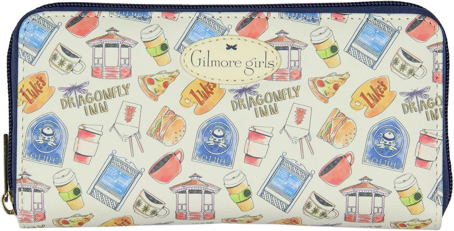 HOTBioworld Gilmore Girls Dragonfly Inn Icons Allover Print Zip Around Closure Faux Leather Wallet For Women