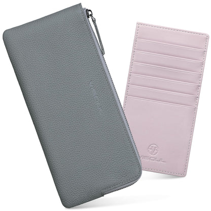 HOTVISOUL Long Zipper Cash Wallet for Women with Removable Credit Card Holder Soft Genuine Pebbled Leather Contrast Color-Lake Blue and Pearl