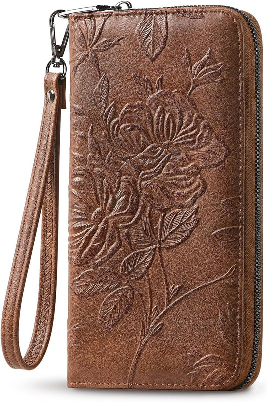 HOTWristlet Wallet for Women - Large Capacity RFID Leather Clutch | Premium vegan leather, rose embossed with a pen slot. Fits phones up to 6.9". 15 card slots & RFID. Ideal for travel & daily.