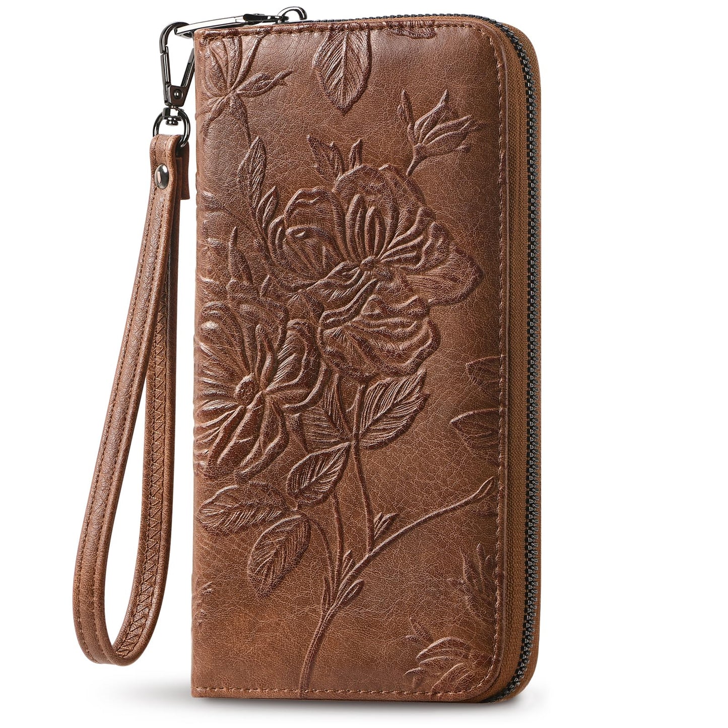 HOTWristlet Wallet for Women - Large Capacity RFID Leather Clutch | Premium vegan leather, rose embossed with a pen slot. Fits phones up to 6.9". 15 card slots & RFID. Ideal for travel & daily.