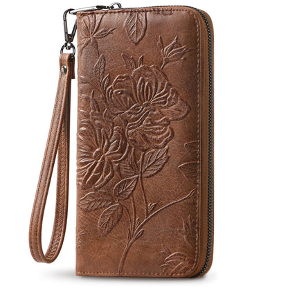 HOTWristlet Wallet for Women - Large Capacity RFID Leather Clutch | Premium vegan leather, rose embossed with a pen slot. Fits phones up to 6.9". 15 card slots & RFID. Ideal for travel & daily.