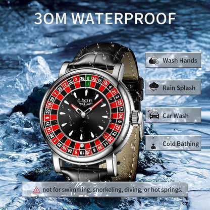HOTMens Watches,Unique Roulette Style Quartz Analog Watch,45MM Big Face Alloy Waterproof Glowing Watch for Men,Exquisite and Durable Leather Strap,Casual Fashionable Men's Wrist Watches