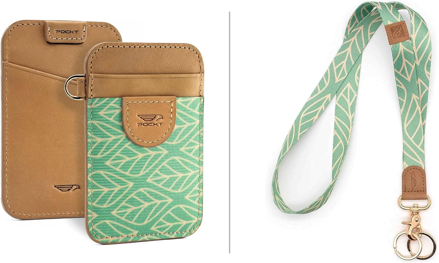HOTPOCKT Slim Card Holder Wallet + Neck Lanyard for Keys Bundle for Women | Leaves