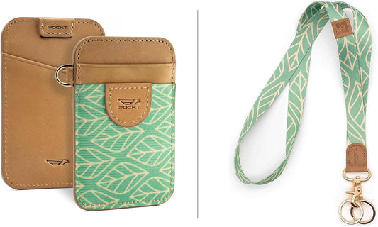 HOTPOCKT Slim Card Holder Wallet + Neck Lanyard for Keys Bundle for Women | Leaves