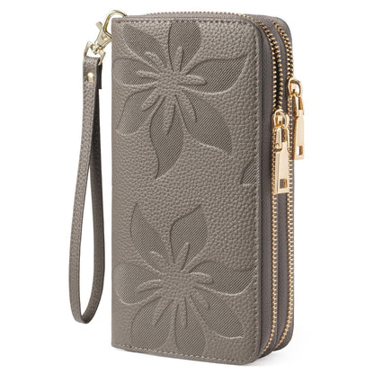 HOTGOIACII Women's Wallet Large Capacity Double Zip Ladies Card Phone Holder RFID Blocking Wristlet Leather