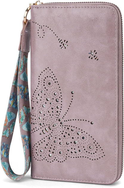 HOTKITEVIUN RFID Wallet Women, Large Capacity Butterfly Cell Phone Clutch Purses Ladies Wristlet Wallets for Women