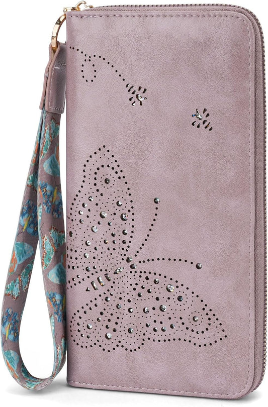 HOTKITEVIUN RFID Wallet Women, Large Capacity Butterfly Cell Phone Clutch Purses Ladies Wristlet Wallets for Women