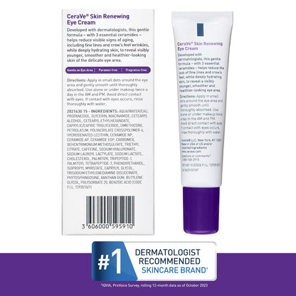 HOTCeraVe Skin Renewing Eye Cream For Wrinkles, Under Eye Cream With Peptides + Caffeine + Niacinamide, For Wrinkles & Crows Feet, Paraben Free & Opthalmologist Tested