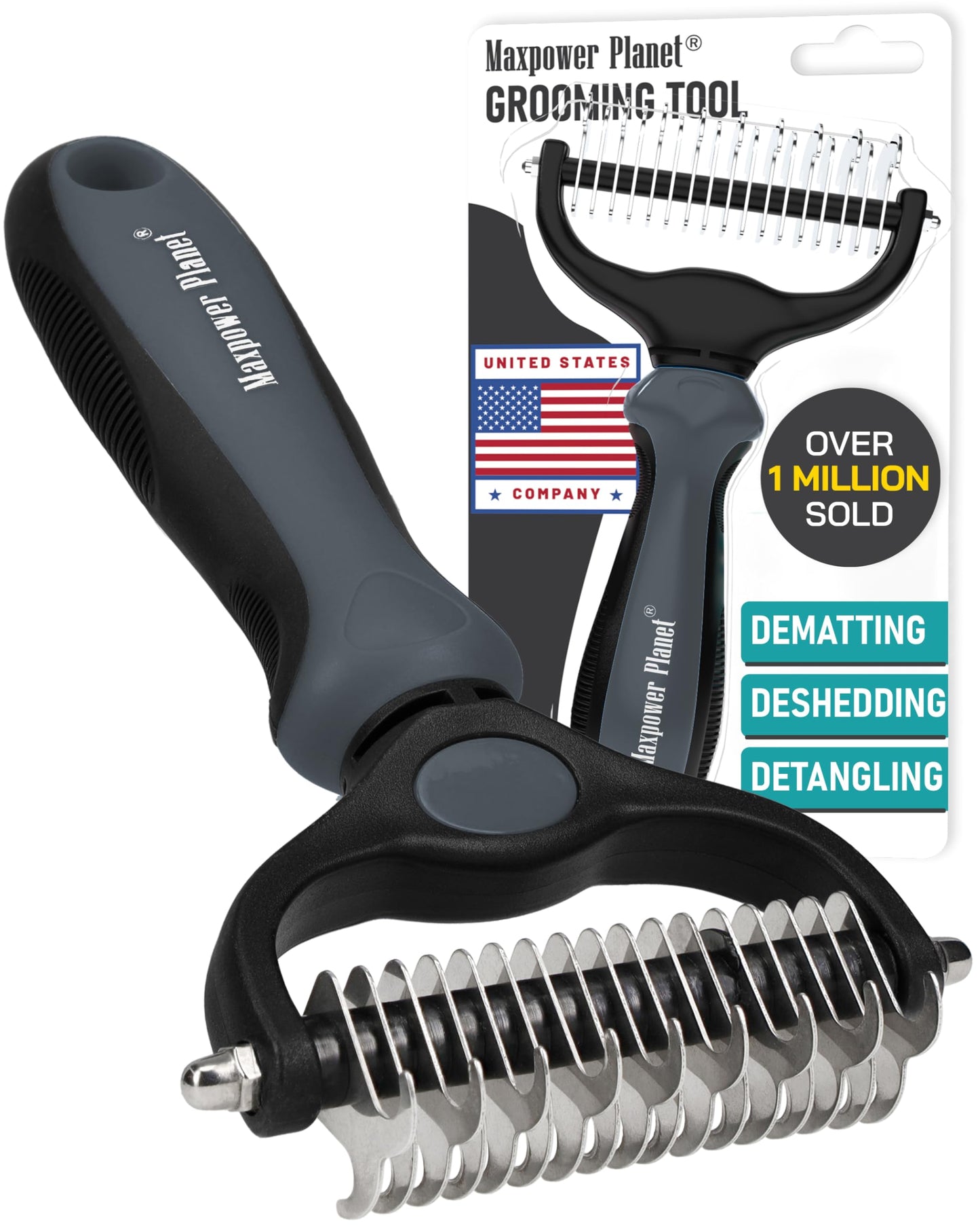 HOTMaxpower Planet Original Pet Grooming Rake - Double-Sided Deshedding Dematting Tool, Undercoat Rake for Dogs & Cats, Extra-Wide Dog Grooming Brush & Deshedder Comb for Long Hair, Reduces Shedding 95%