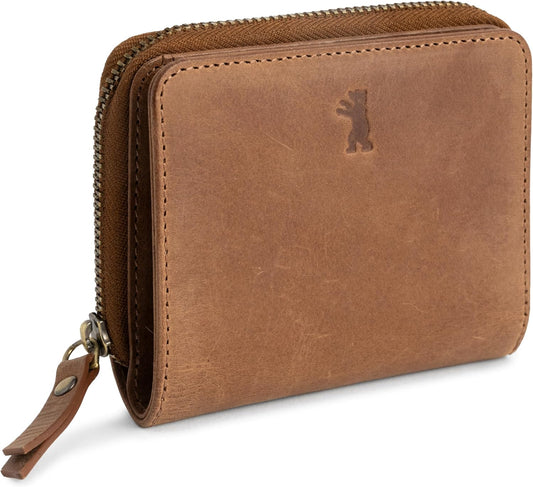 HOTBERLINER BAGS Genuine Leather Small Wallet Women Sara, Gift Box – Brown | Soft Leather Bifold Zip Wallet, Fits Purses & Crossbody Bags, 8 Card Slots, Zipped Coin Pocket, RFID Blocking